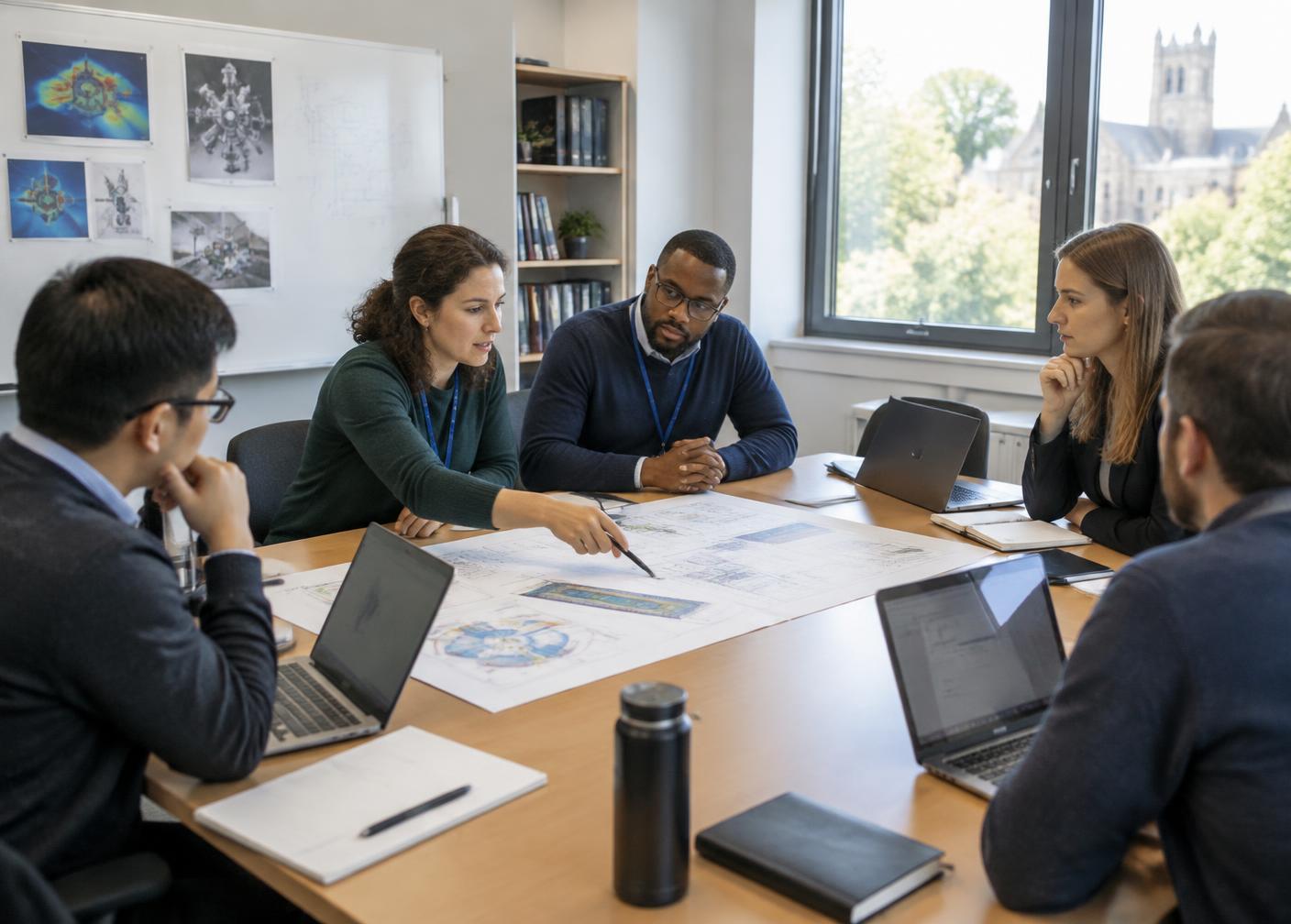 Equipo coordinador de un proyecto de innovación en una reunión técnica de planificación