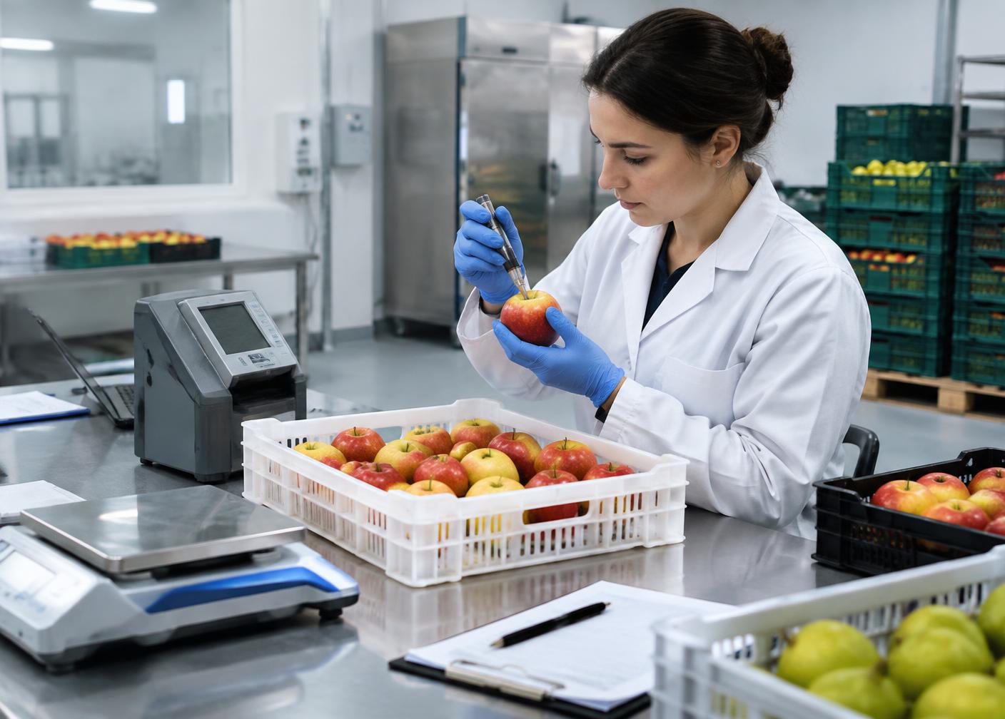 Tecnóloga de alimentos analizando la calidad de la fruta en un laboratorio de poscosecha