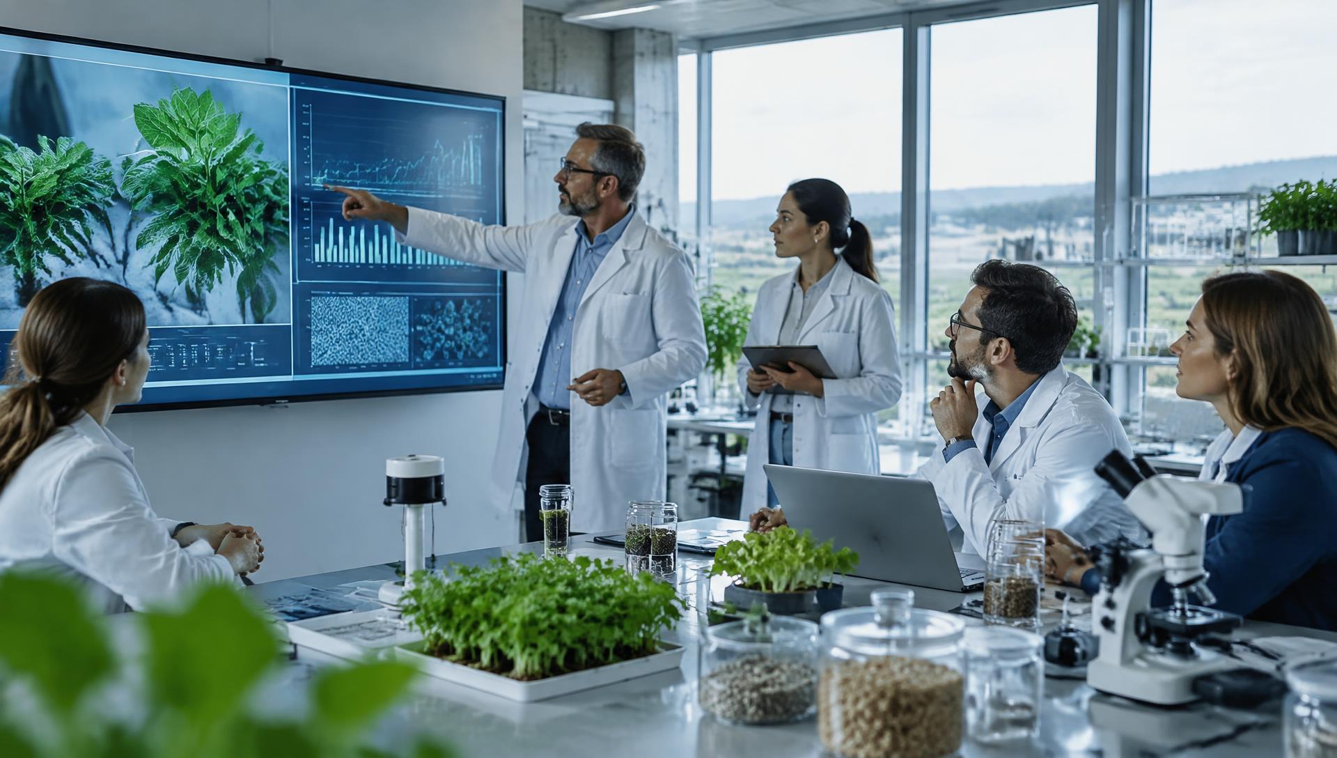Equipo investigador de un centro tecnológico agroalimentario analizando datos de un proyecto de innovación