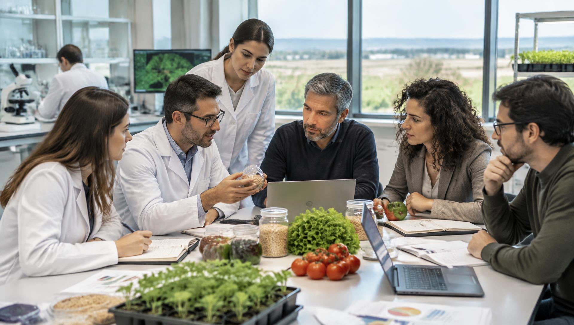 Equipo multidisciplinar de investigación y comunicación trabajando en un centro tecnológico agroalimentario